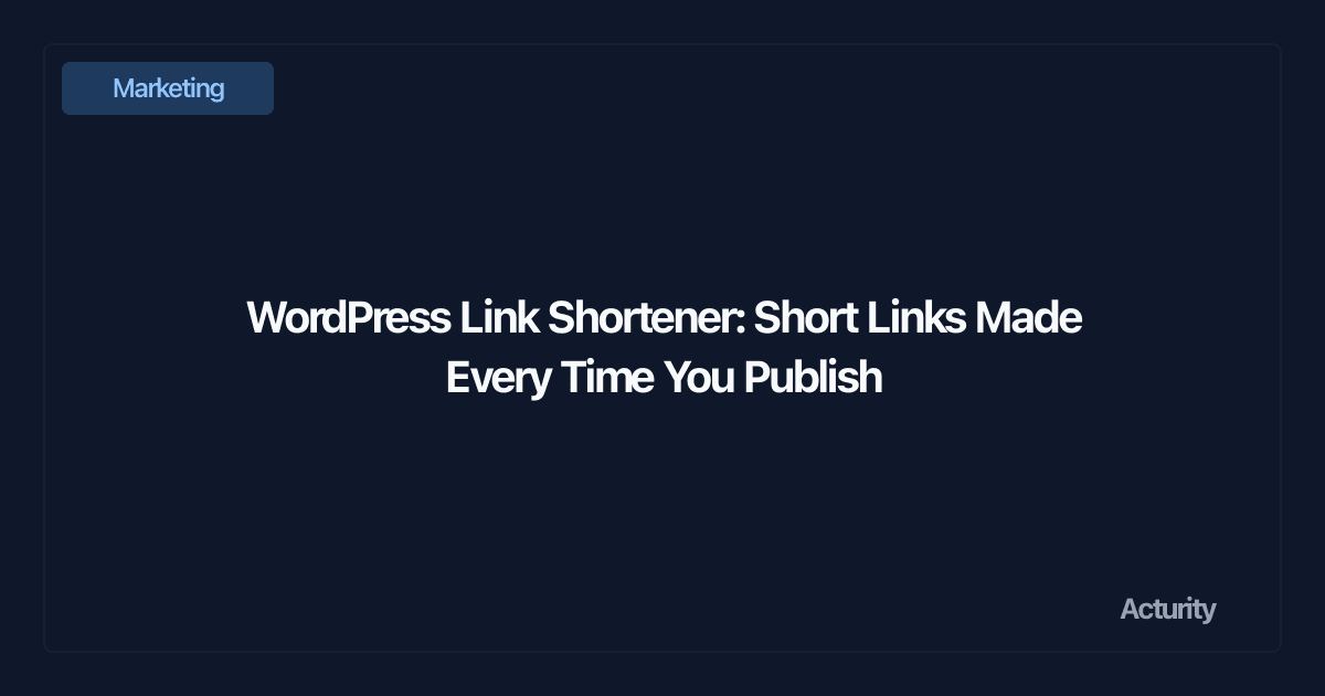 WordPress post editor with the Publish button highlighted and a branded short link appearing in a sidebar panel next to a click counter